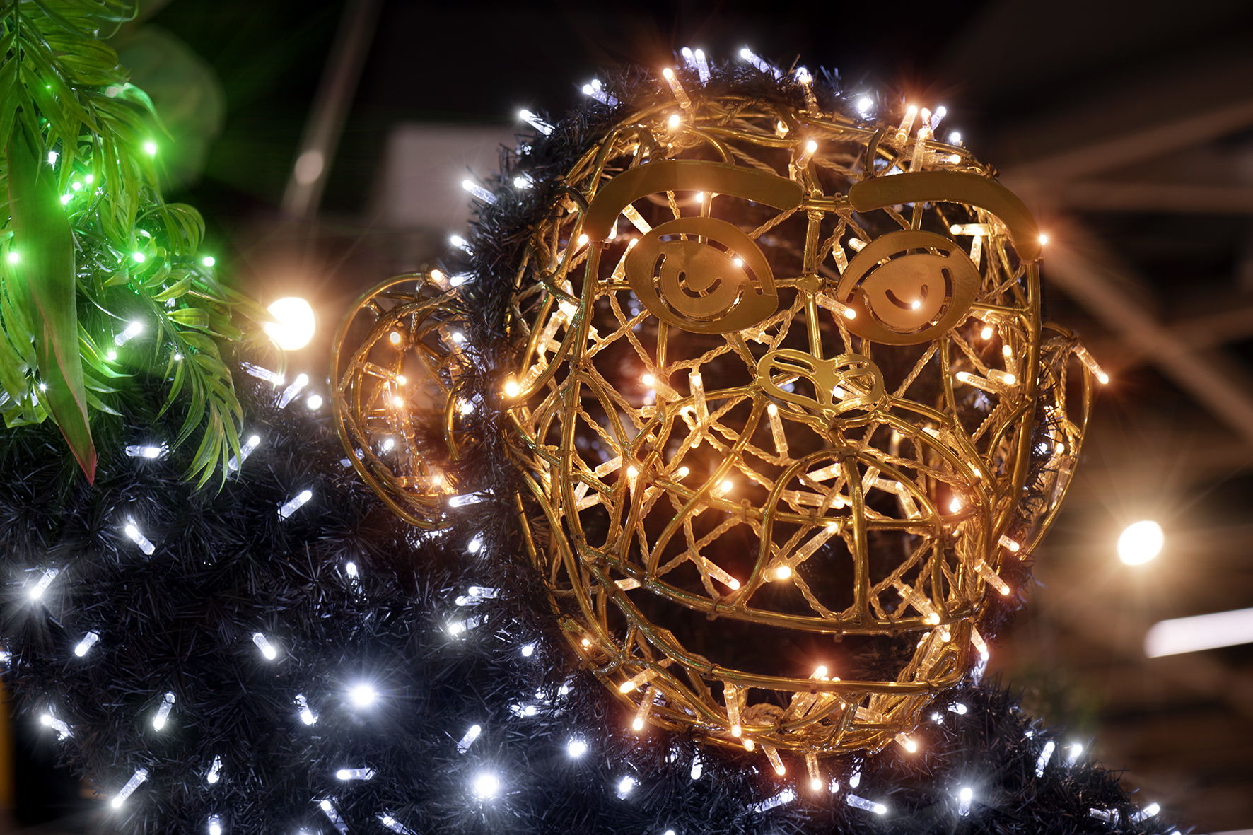 Dettaglio del volto dorato di una scimmia luminosa a Dodenhof