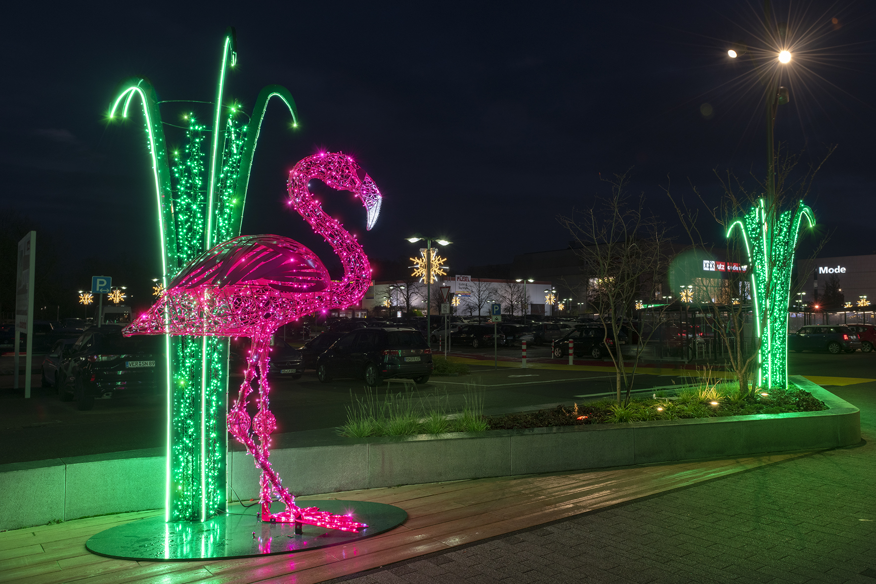 Fenicottero rosa e vegetazione luminosa all’esterno di Dodenhof